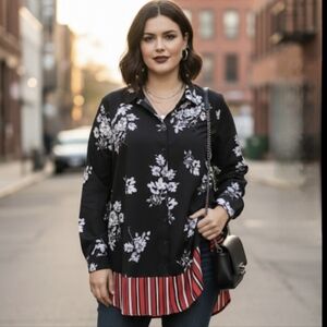 In Every Story Stylish Black Top with White Floral Accents, Plus Size X